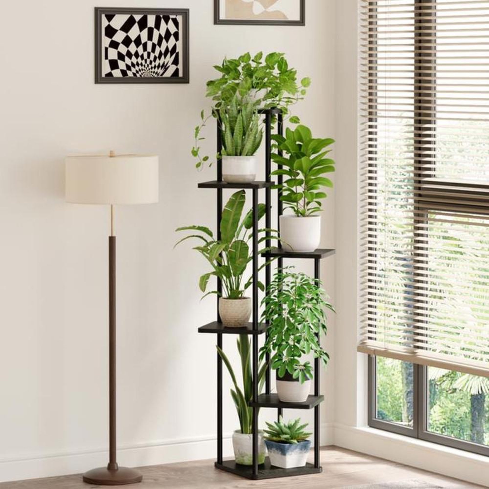 Voir la diapositive 2 : Support plante à 6 niveaux 130 cm noir métal et bois, présentoir intérieur extérieur