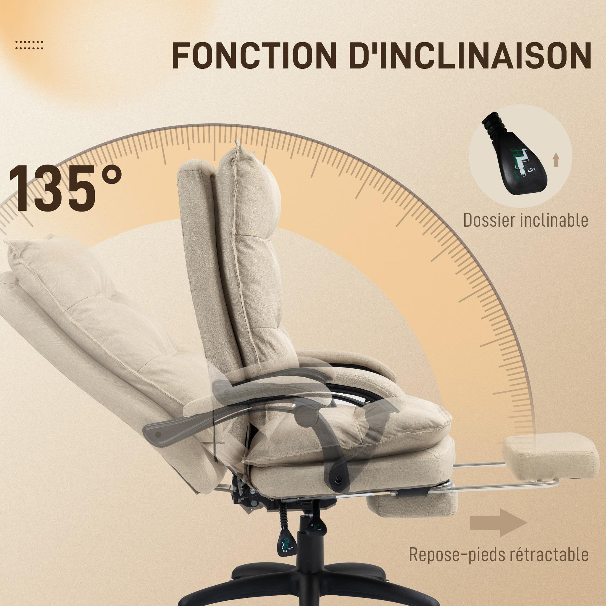 Voir la diapositive 5 : HOMCOM Fauteuil de bureau direction massant hauteur réglable dossier inclinable repose-pied intégré toile de lin beige