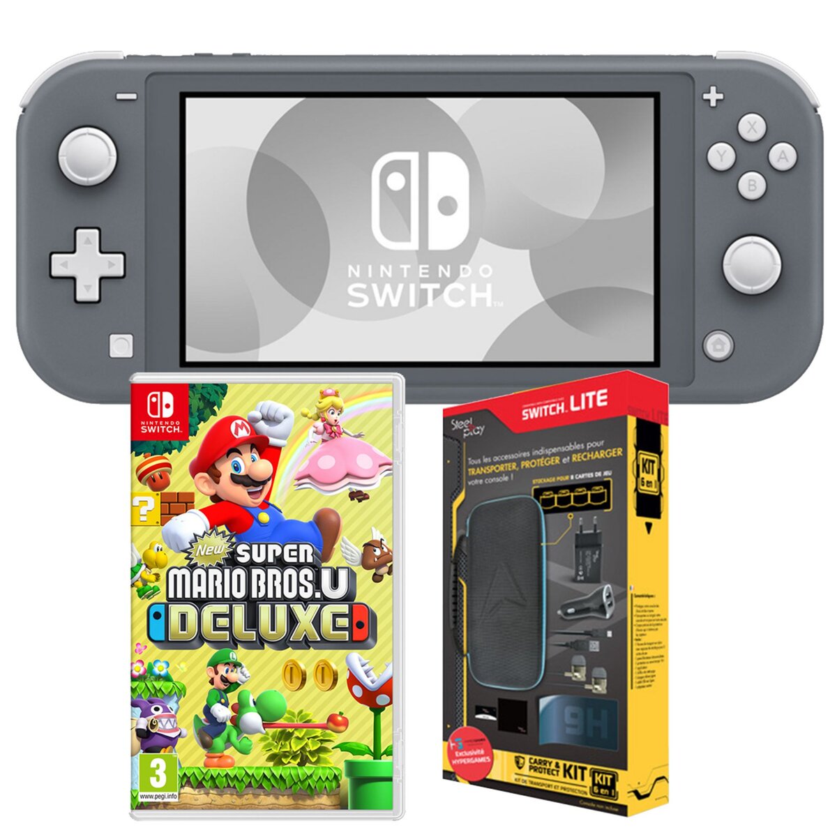 NINTENDO EXCLU WEB Console Nintendo Switch Lite Grise + New Super Mario  Bros U Deluxe + Pack Accessoire Exclusif Auchan pas cher 