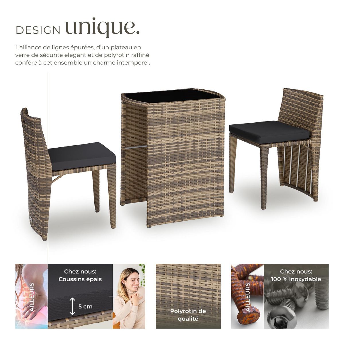 tectake Salon de jardin avec cadre en aluminium marron naturel