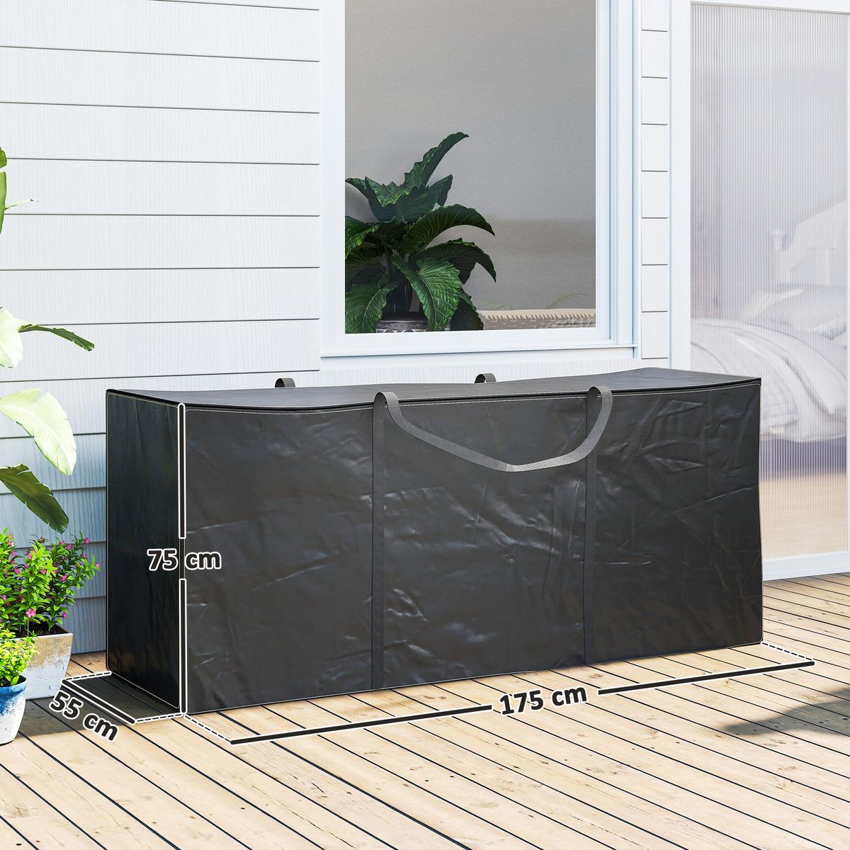 OUTSUNNY Sac de rangement étanche pour coussins d'extérieur housse impreméable pour coussins de jardin avec poignées noir