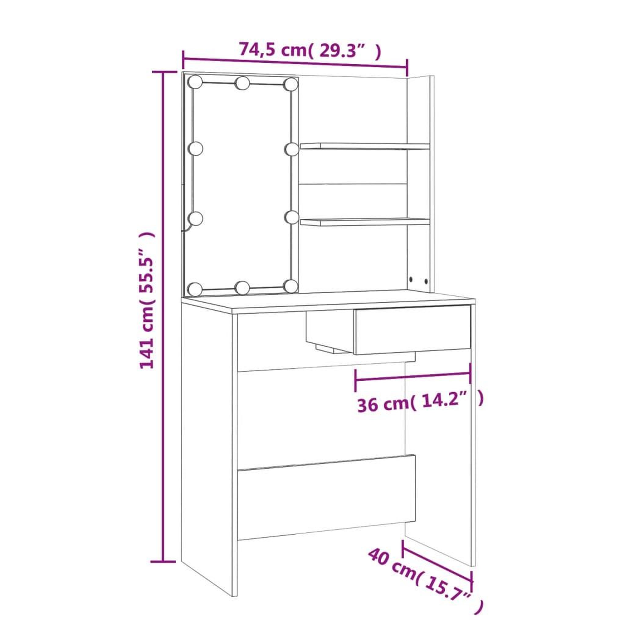 Voir la diapositive 6 : VIDAXL Coiffeuse avec LED chene sonoma 74,5x40x141cm bois d'ingenierie