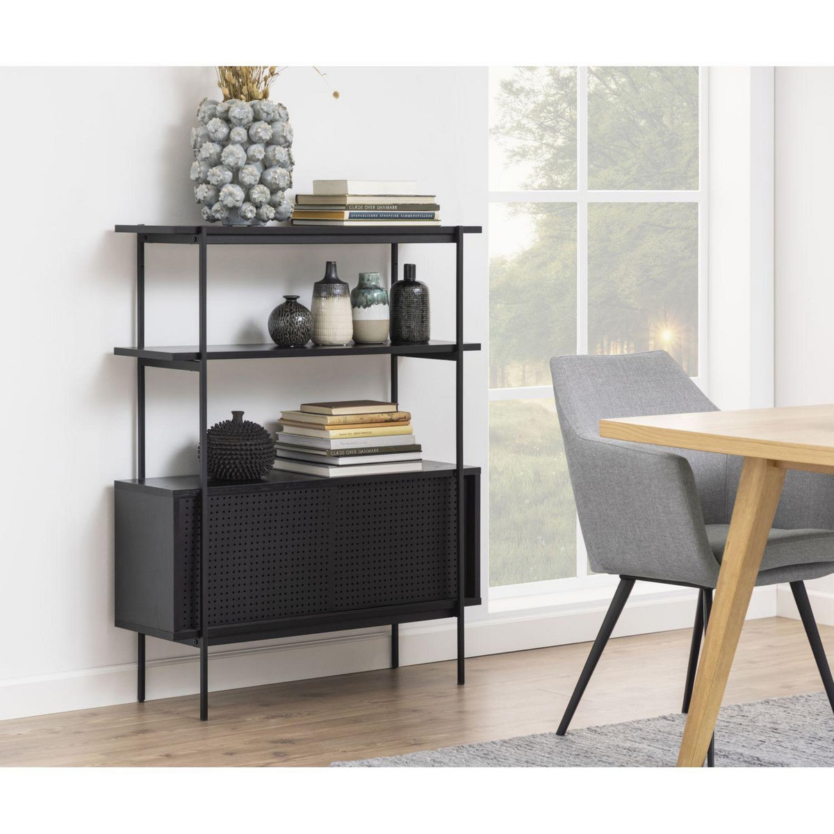 TOILINUX Bibliothèque en MDF et métal avec 2 étagères et 2 portes coulissantes - Noir