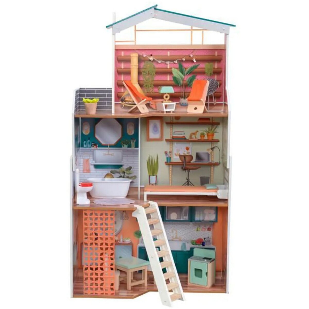Maison de poupée en bois jeu d'imitation grand réalisme multi-équipements 3  niveaux escalier terrasses 