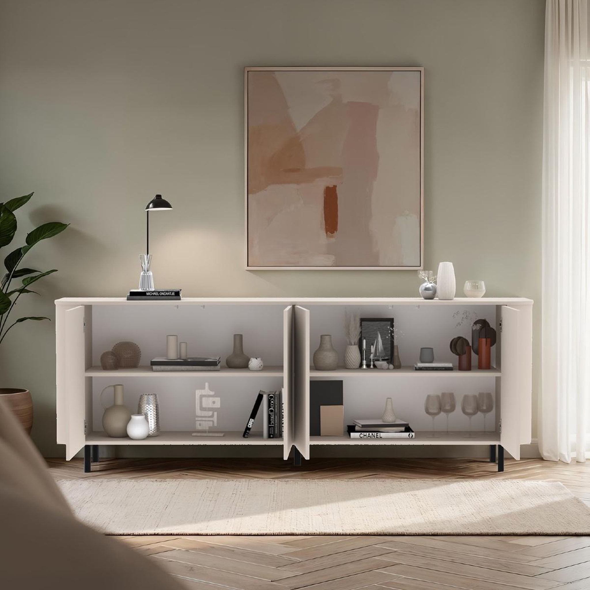 Voir la diapositive 4 : JLC KREATION Buffet bas arrondi beige cachemire 230cm olga