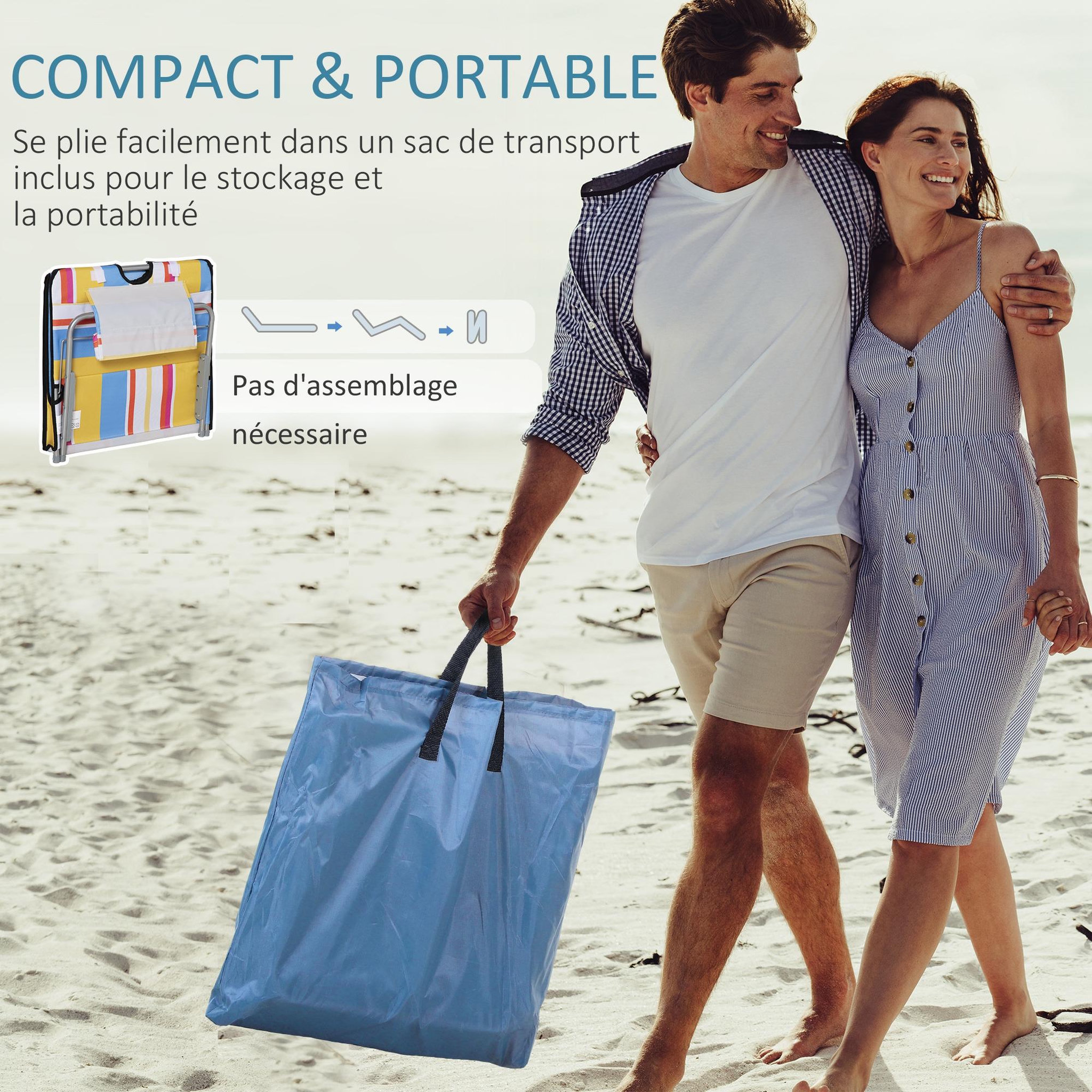 Voir la diapositive 5 : OUTSUNNY Lot de 2 tapis de plage rembourrés - dossier inclinable 5 positions - sac transport inclus - acier polyester multicolore