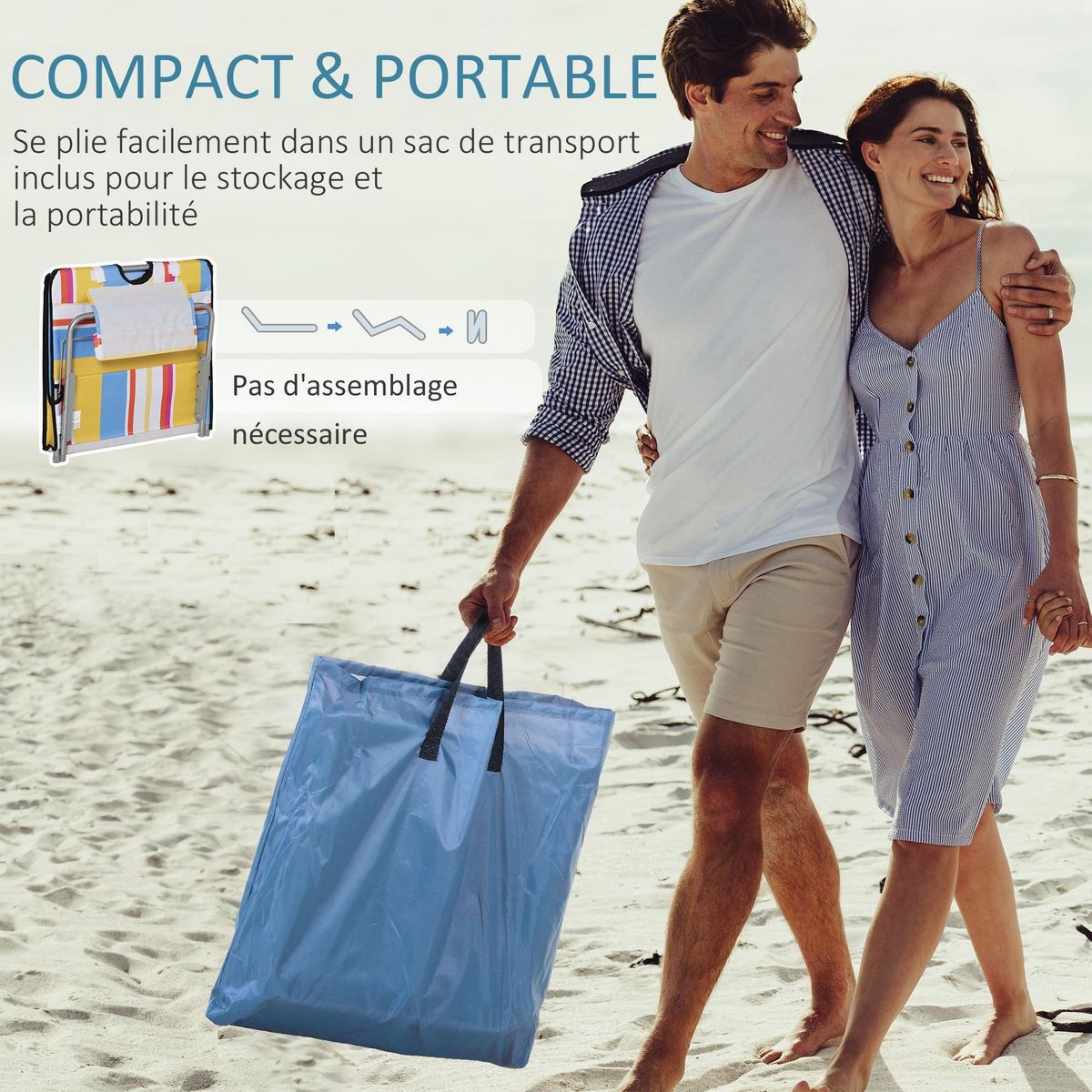 OUTSUNNY Lot de 2 tapis de plage rembourrés - dossier inclinable 5 positions - sac transport inclus - acier polyester multicolore