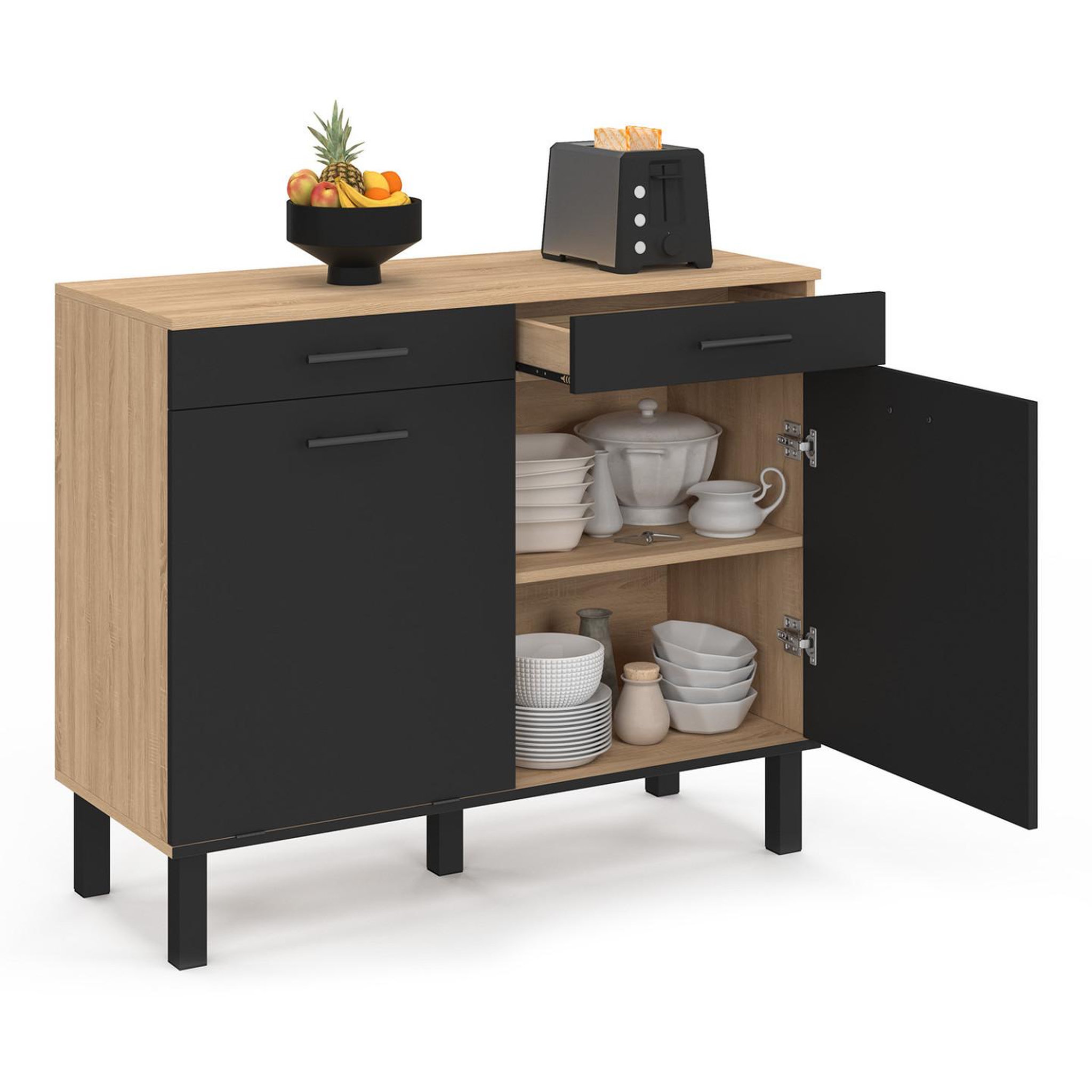 Voir la diapositive 5 : ID MARKET Buffet bas de cuisine avec espace poubelle 100 cm cina plan de travail h.83 cm 2 portes + tiroirs façon hêtre et noir