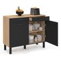 Voir la diapositive 5 : ID MARKET Buffet bas de cuisine avec espace poubelle 100 cm CINA plan de travail H.83 cm 2 portes + tiroirs façon hêtre et noir