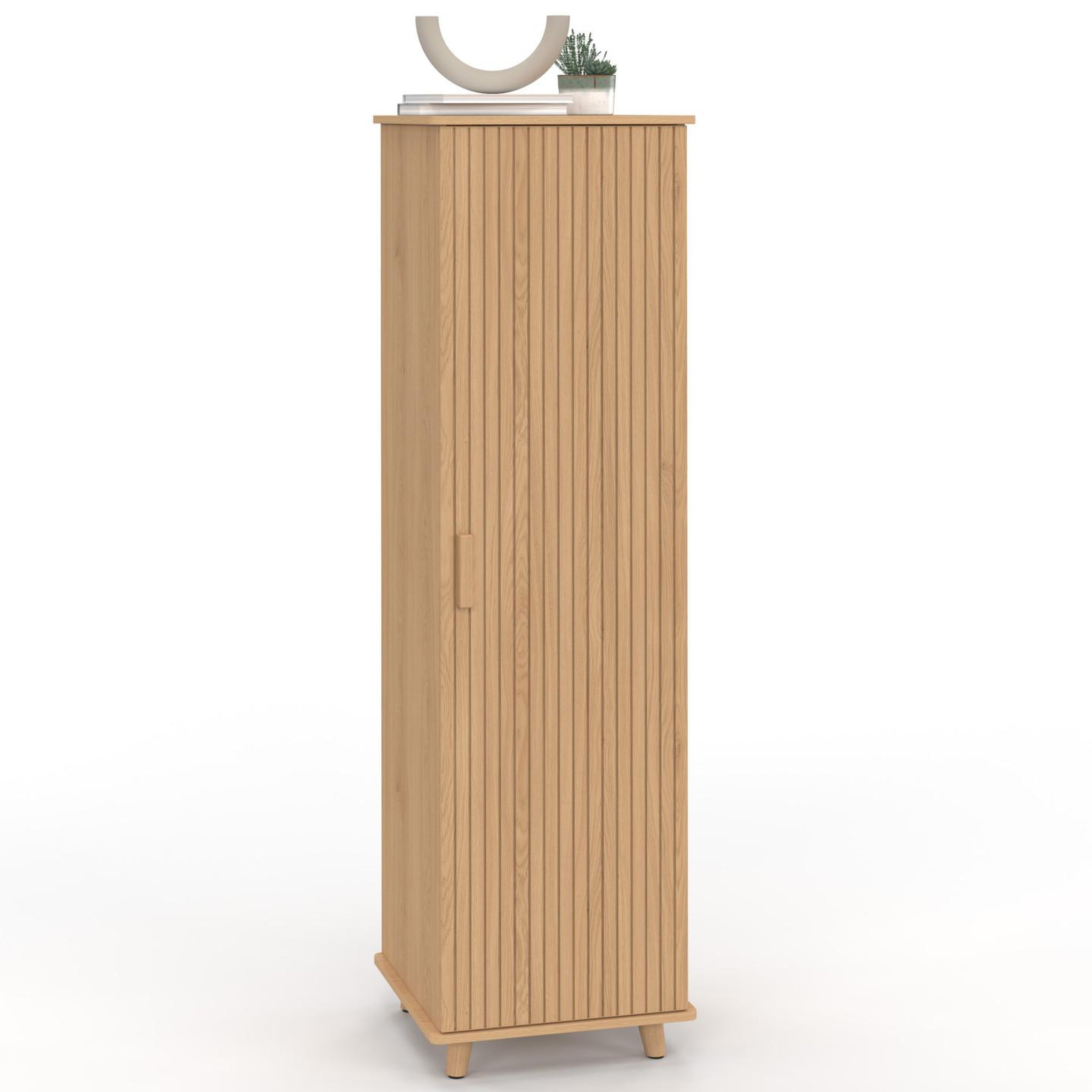 ID MARKET Armoire de rangement juliette 1 porte 3 étagères effet lattes tasseau bois coloris chêne