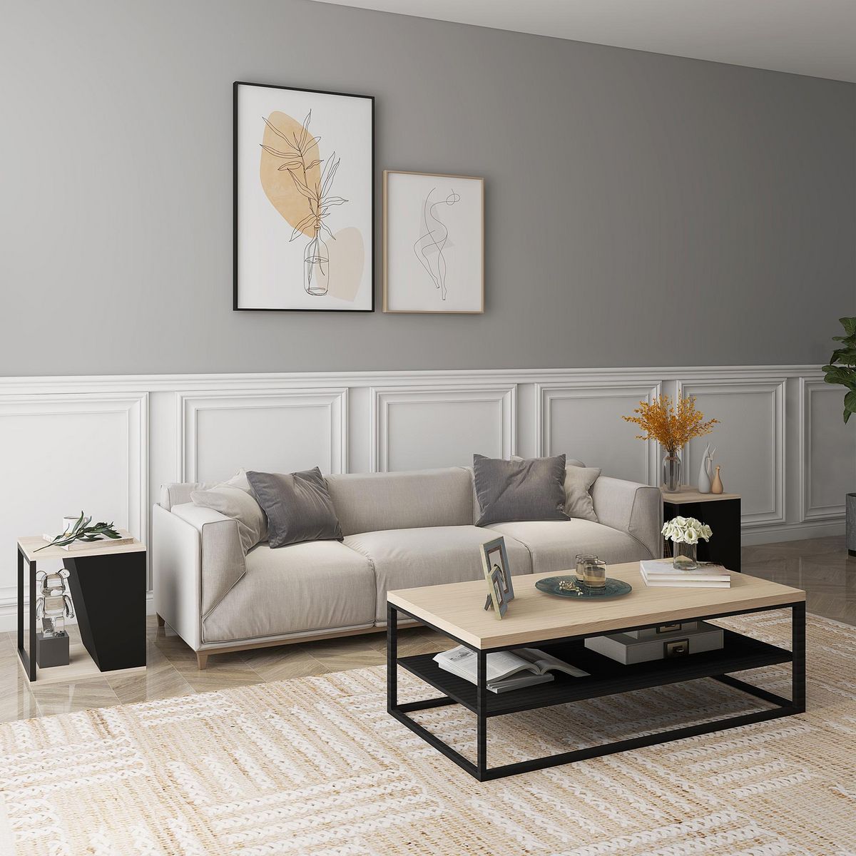 HOMCOM Lot de 2 tables basses bouts de canapé guéridons design acier noir panneaux noir aspect chêne clair