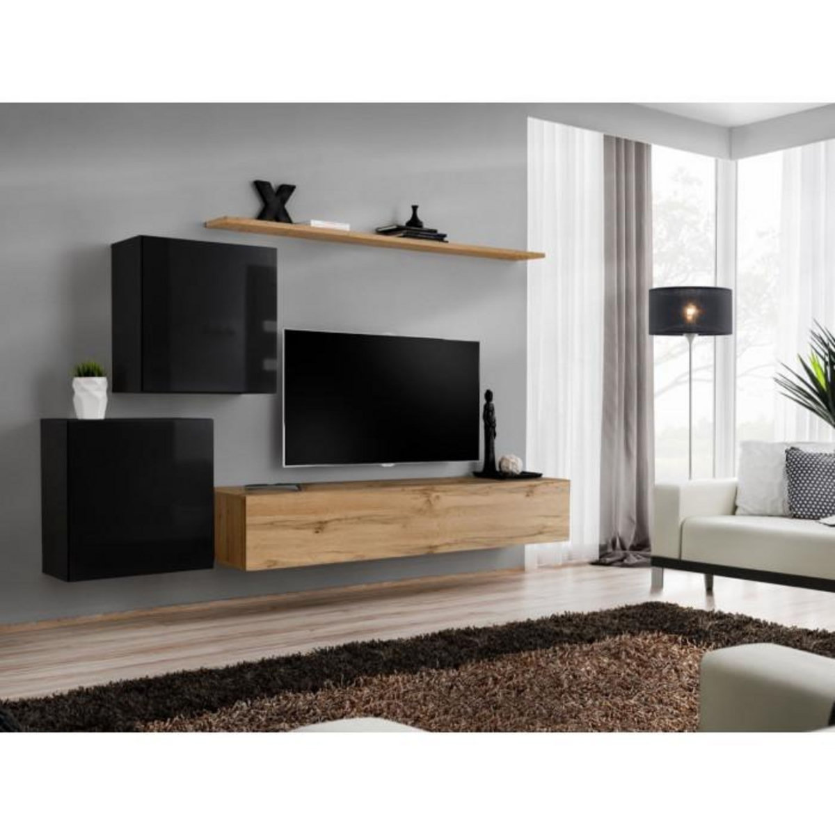 Paris Prix Meuble TV Mural Design  Switch V  250cm Noir & Naturel