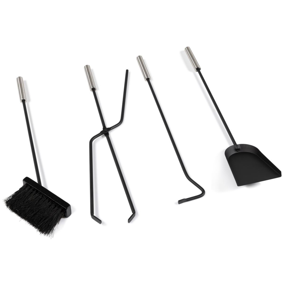 ID MARKET Ensemble serviteur de cheminée noir inox 5 éléments pelle balai tisonnier pince avec support