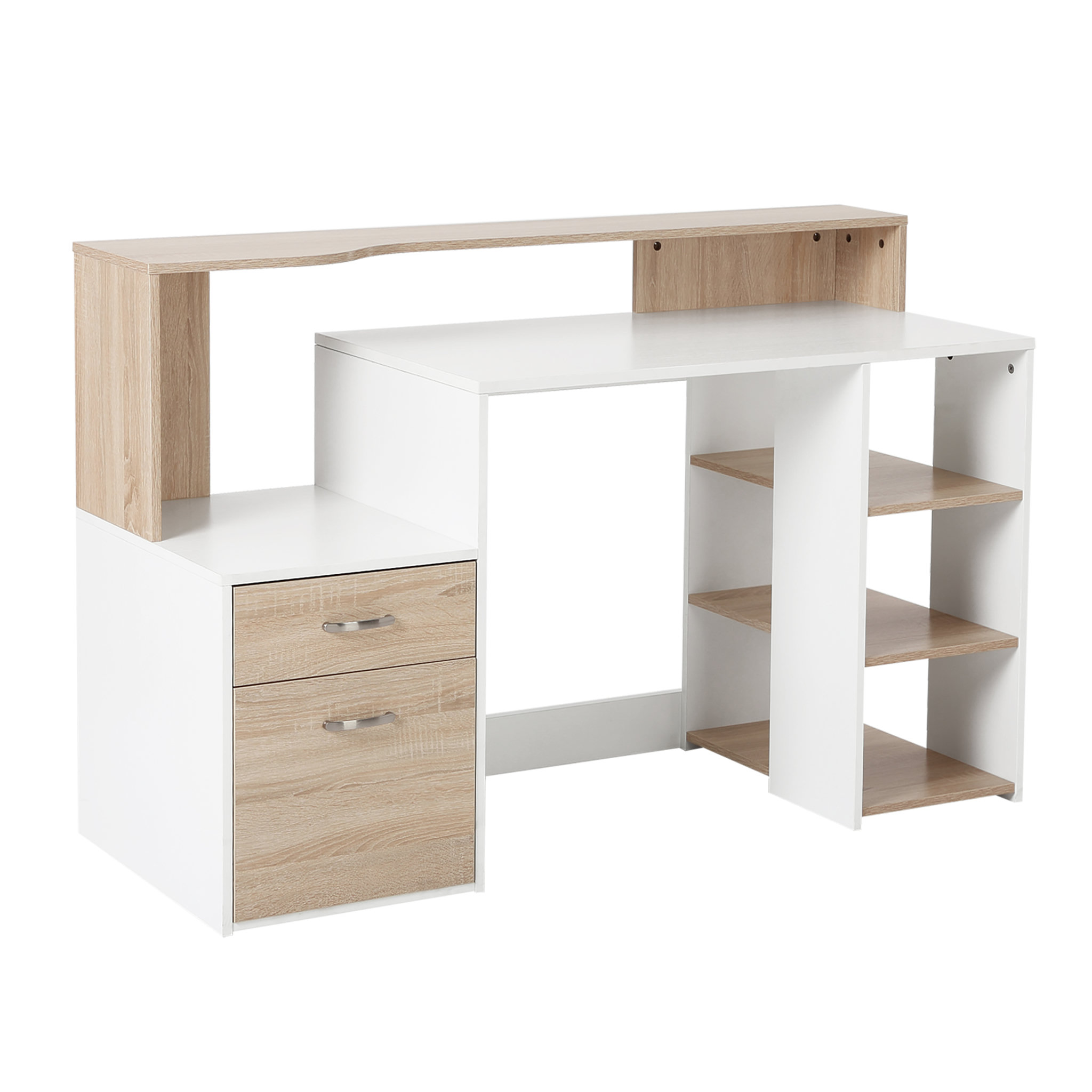 Voir la diapositive 1 : HOMCOM HOMCOM Bureau Informatique multimédia Design Multi-rangements 137 L x 55 l x 92 H cm chêne Blanc