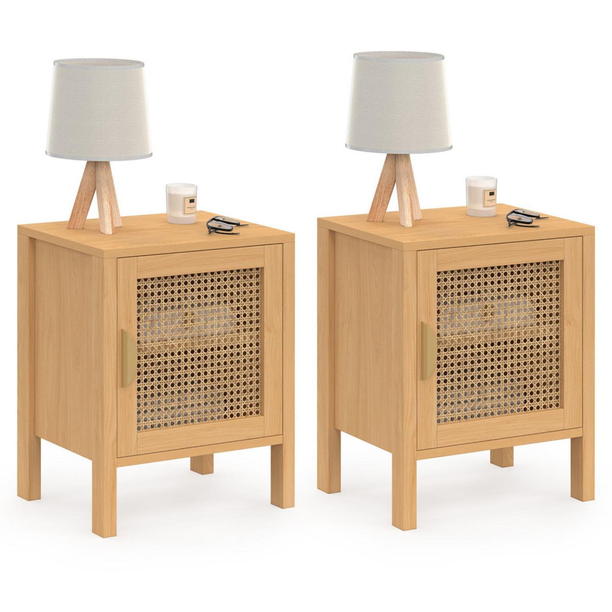 ID MARKET Lot de 2 tables de chevet EDHEN 1 porte cannage et bois