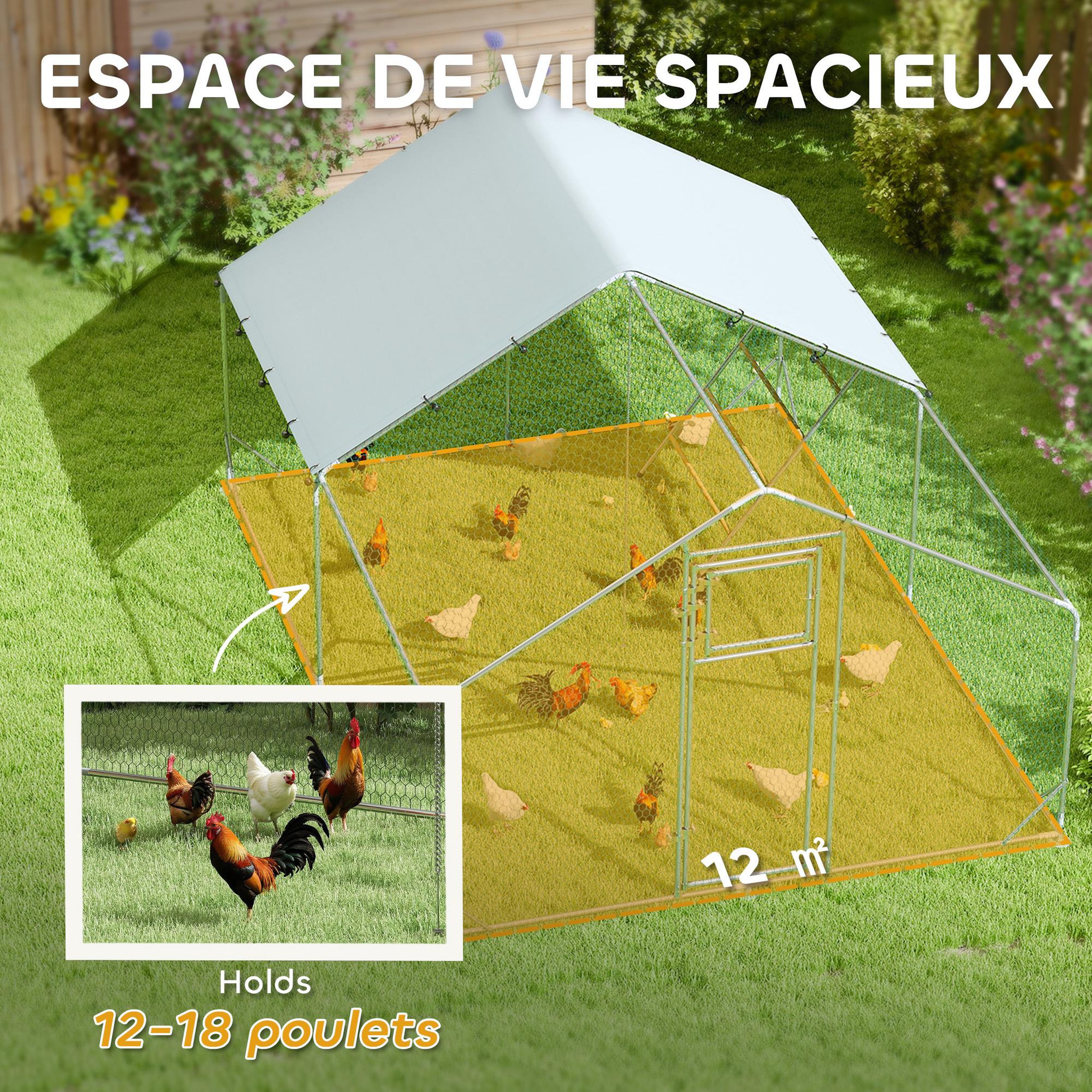 Voir la diapositive 4 : PAWHUT Enclos poulailler 12 m² espace couvert - perchoir, mangeoire à suspendre, porte, bâche - 4 x 3 x 1,95 m - acier gris