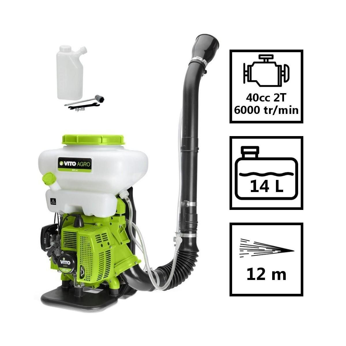 VITO Atomiseur Thermique 40Cm3 1830W 14L Pulvérisateur Professionnel Liquides et Poudres Portée 12m Bretelles VITO