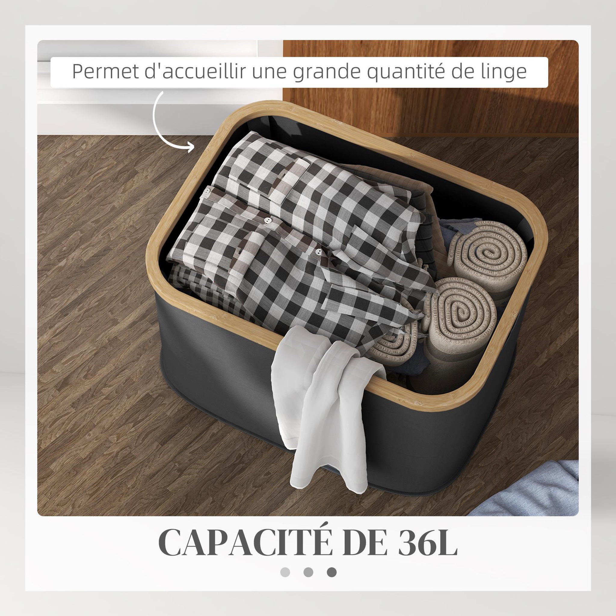 Voir la diapositive 4 : HOMCOM Panier à linge pliable 36l - corbeille à linge sale avec poignées - non tissé noir bambou