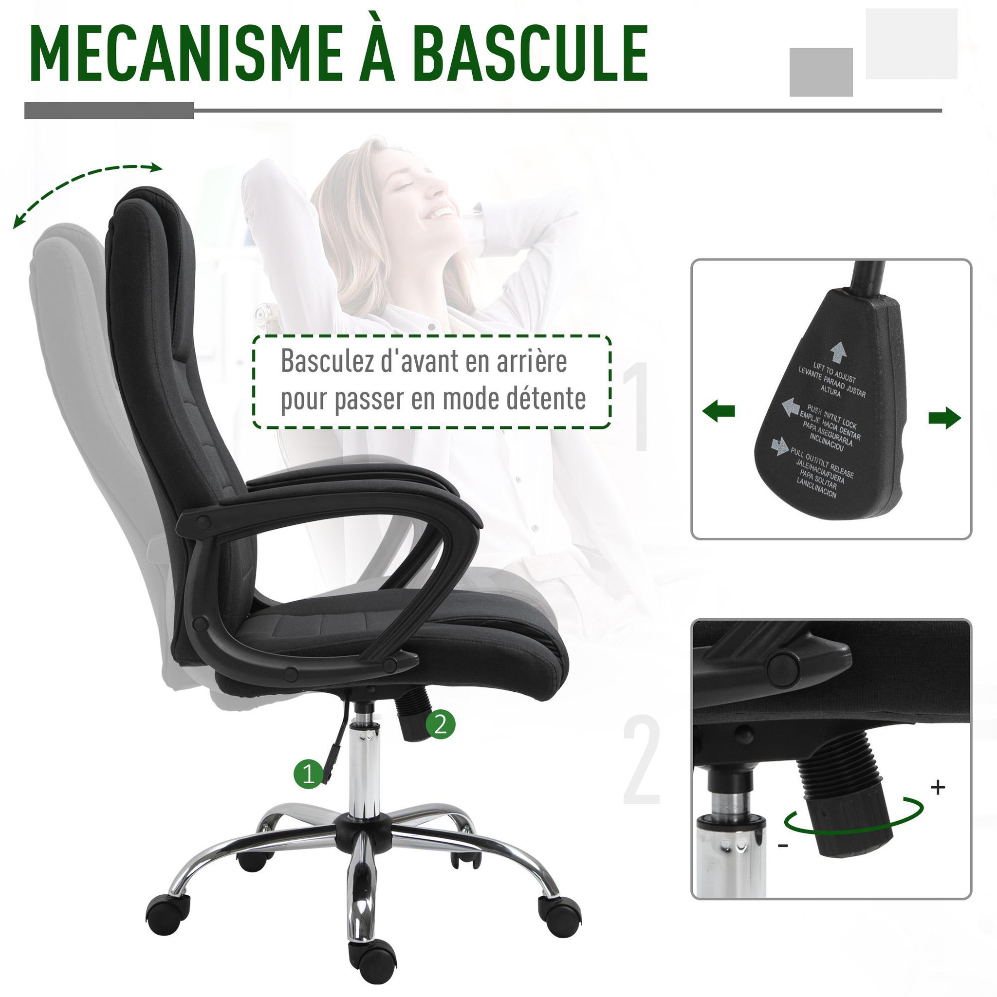 Voir la diapositive 6 : HOMCOM HOMCOM Fauteuil de bureau à roulettes chaise manager ergonomique pivotante hauteur réglable lin noir