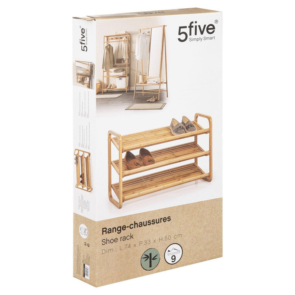 FIVE Range chaussures 3 étagères en bambou - Marron