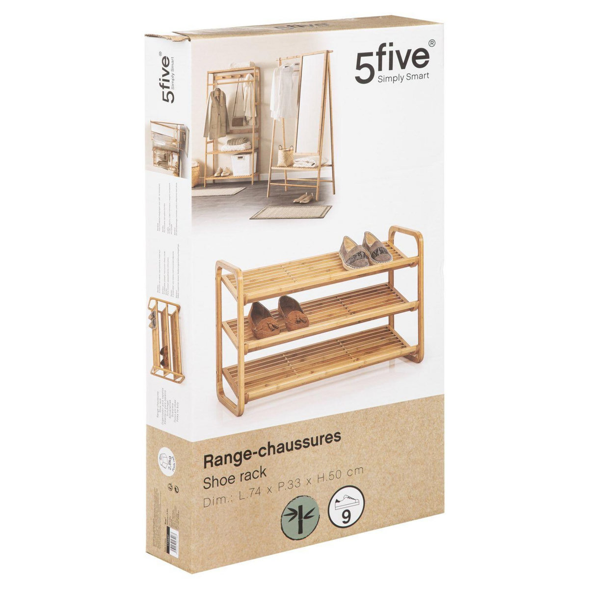 FIVE Range chaussures 3 étagères en bambou - Marron