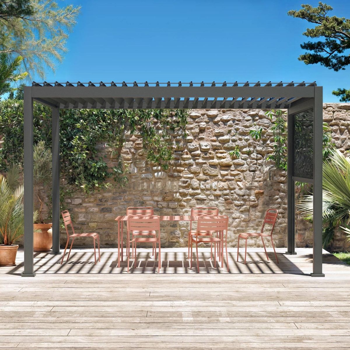 SWEEEK Pergola Bioclimatique – Triomphe – 4x3m, aluminium, à lames orientables + store 3m