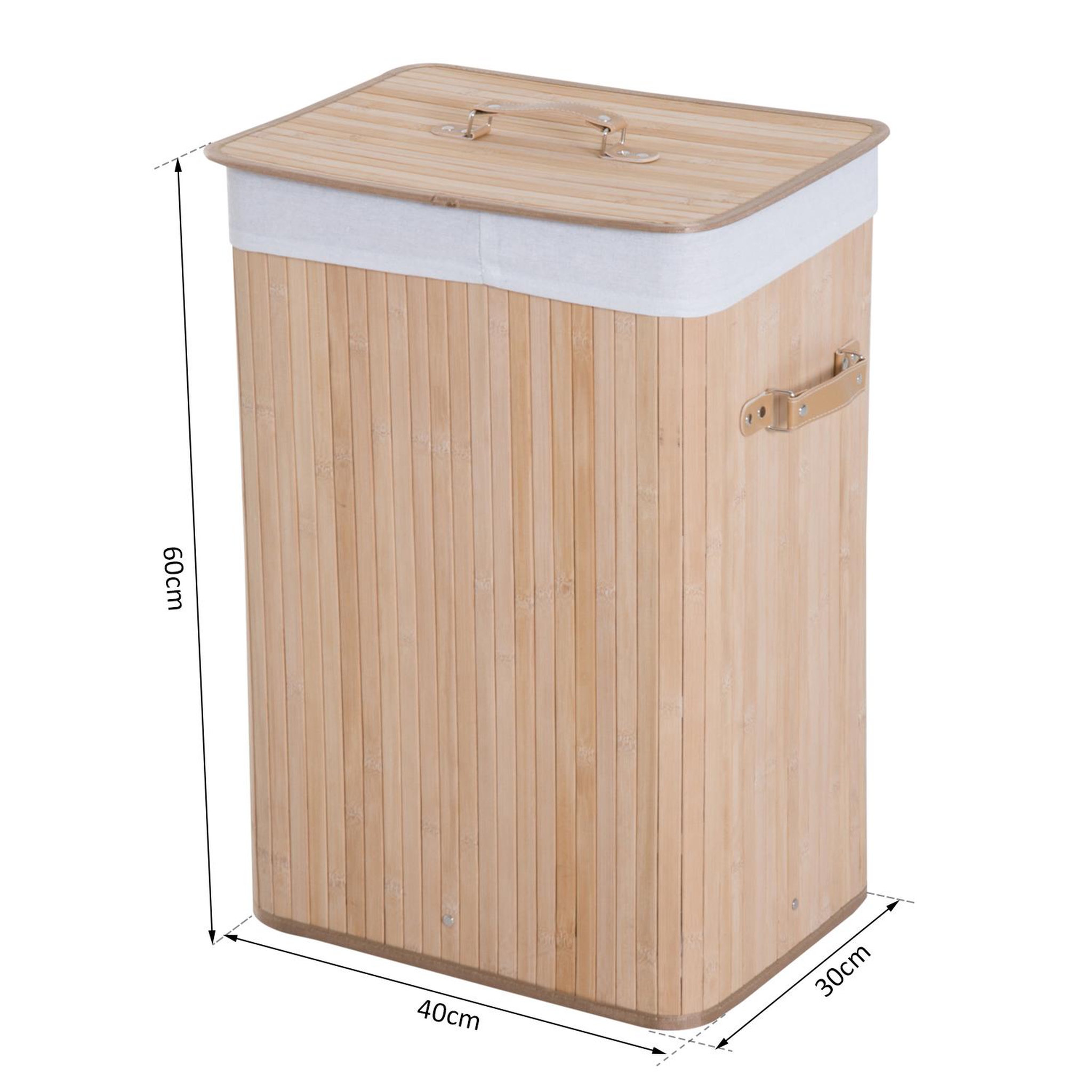 Voir la diapositive 3 : HOMCOM Panier à linge corbeille à linge bac à linge bambou pliable couvercle sac amovible 3 poignées pu 40l x 30l x 60h cm beige