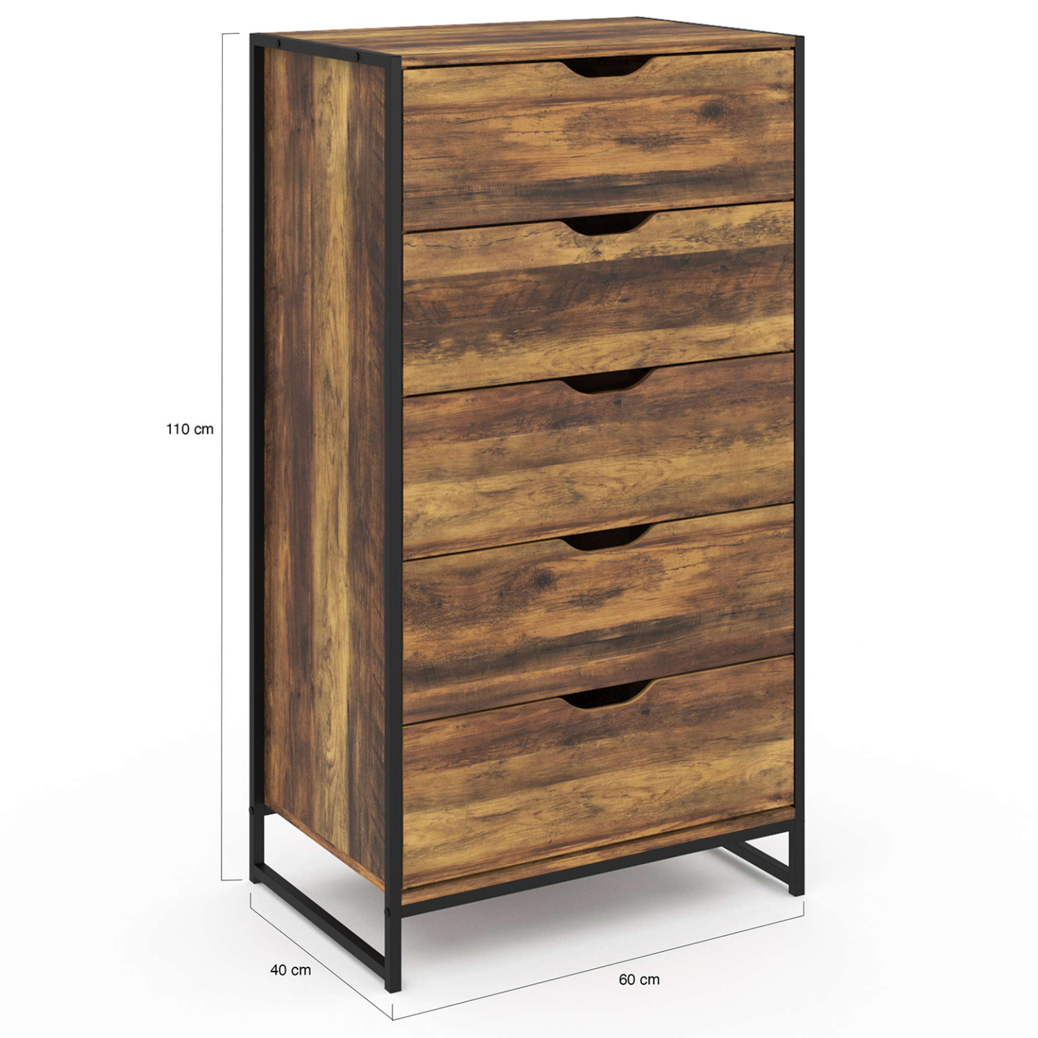 Voir la diapositive 5 : ID MARKET Chiffonnier 5 tiroirs hawkins 60x40x110 cm commode semainier design industriel