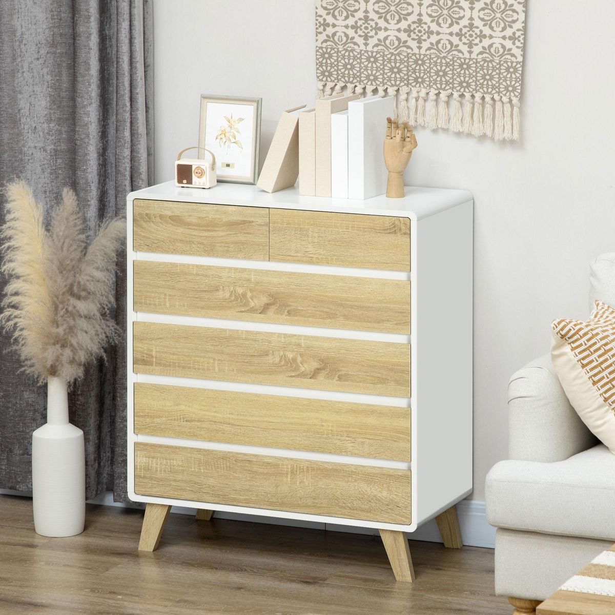 HOMCOM Commode design scandinave - 6 tiroirs - MDF panneaux blanc aspect chêne clair