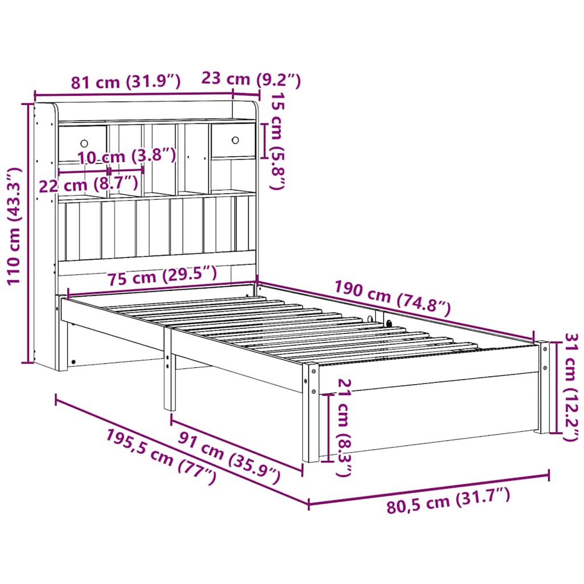 Voir la diapositive 6 : VIDAXL Lit bibliotheque sans matelas 75x190 cm bois de pin massif