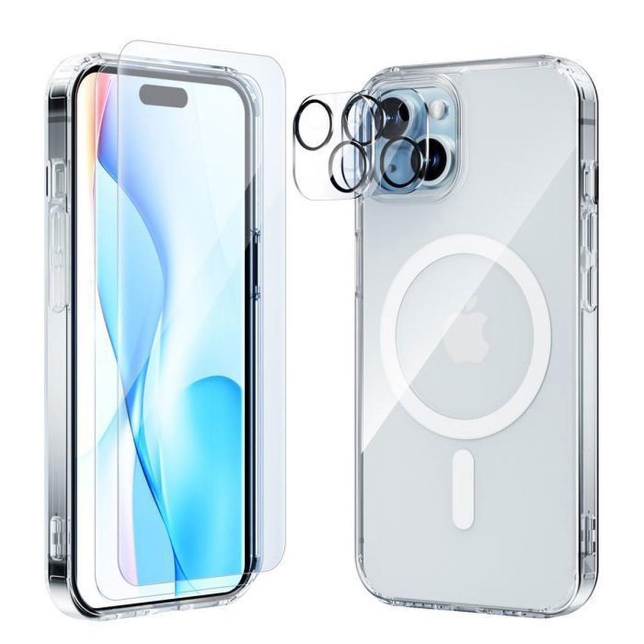 Boîtier iPhone 15 en TPU transparent 5-en-1 avec protections d'écran en verre trempé et protections caméra, compatible MagSafe