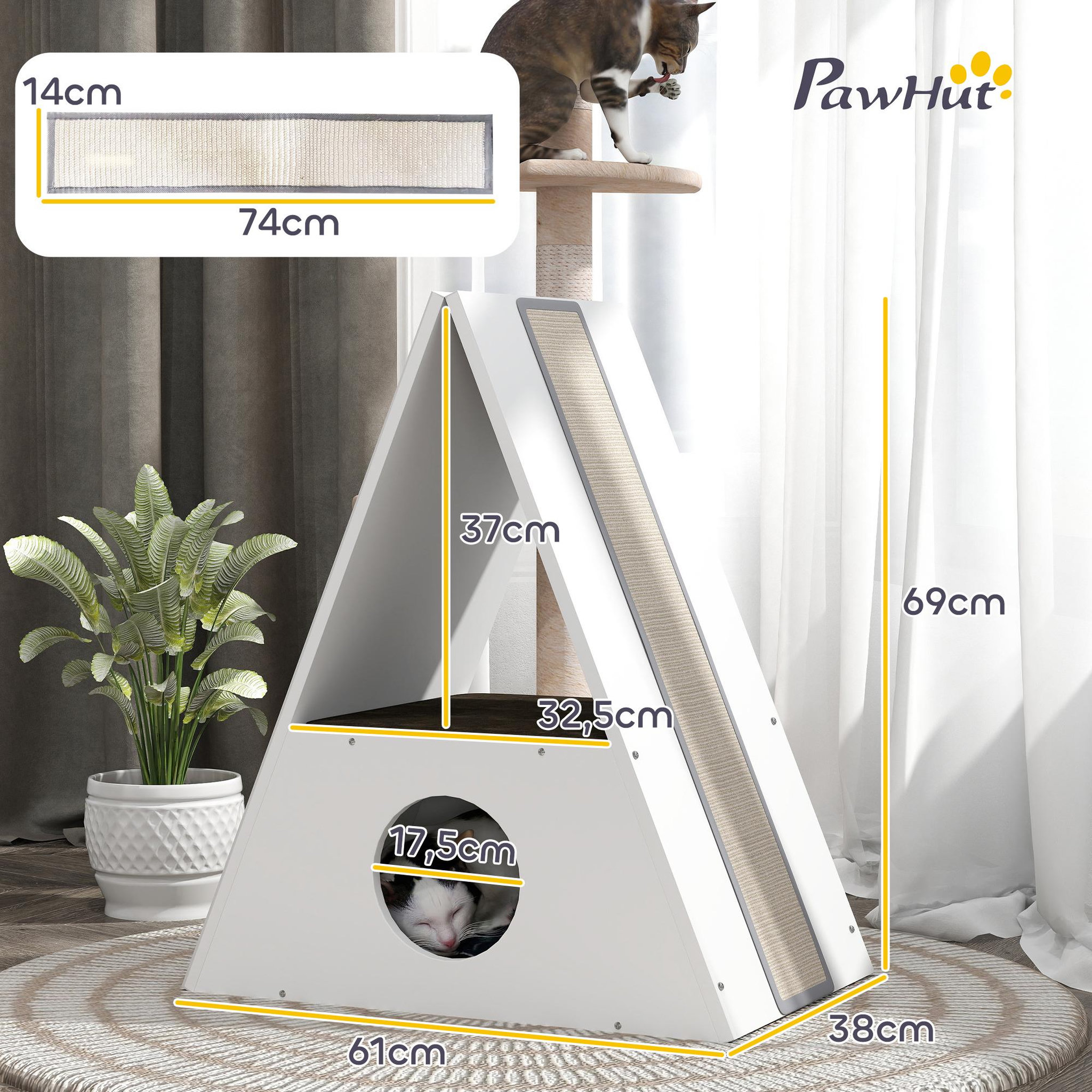 Voir la diapositive 3 : PAWHUT Niche chat design - maison pour chat - 2 tapis, 2 grattoirs sisal - blanc beige