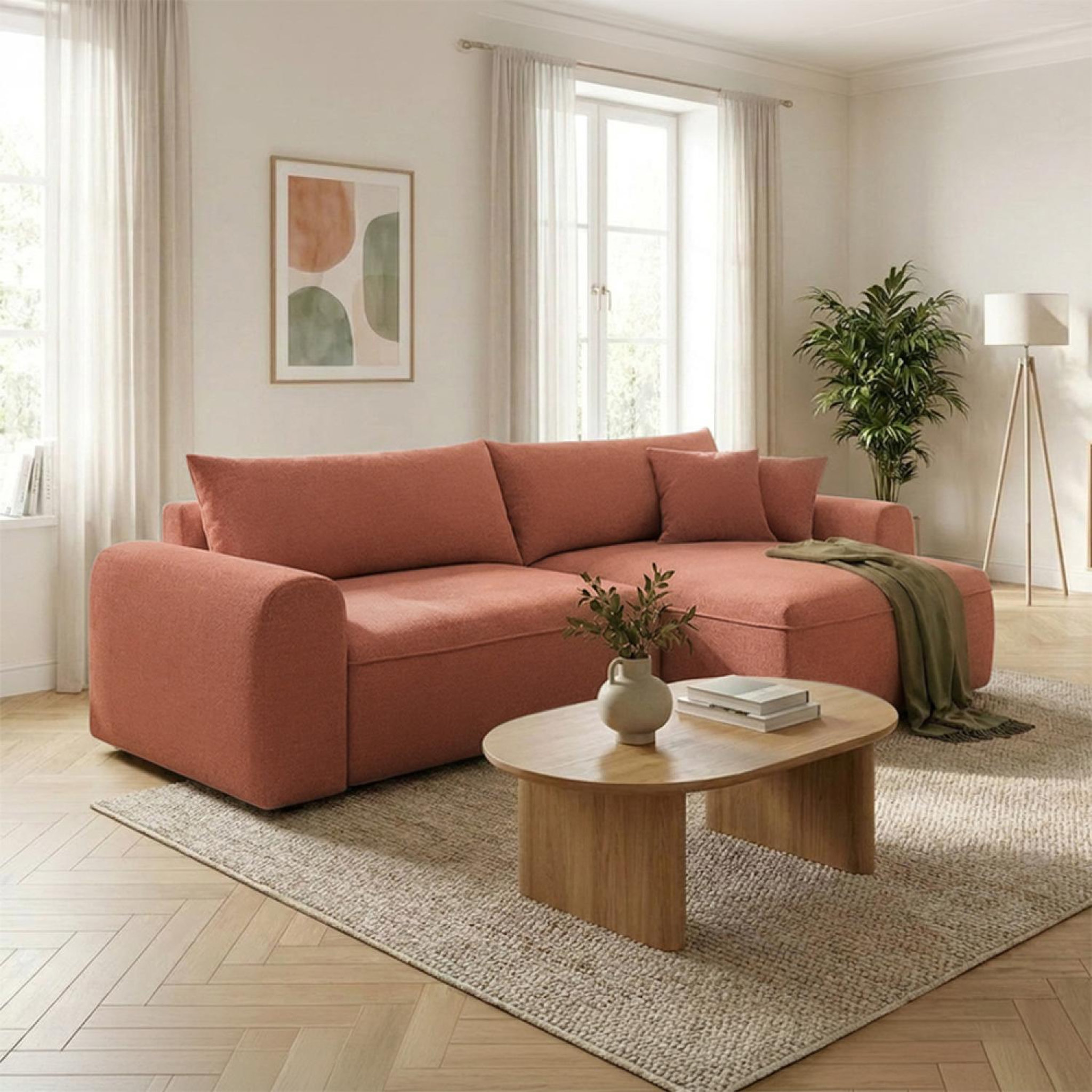 Voir la diapositive 5 : CONCEPT USINE Canapé d'angle convertible 4 places en tissu bouclé avec coffre de rangement belair