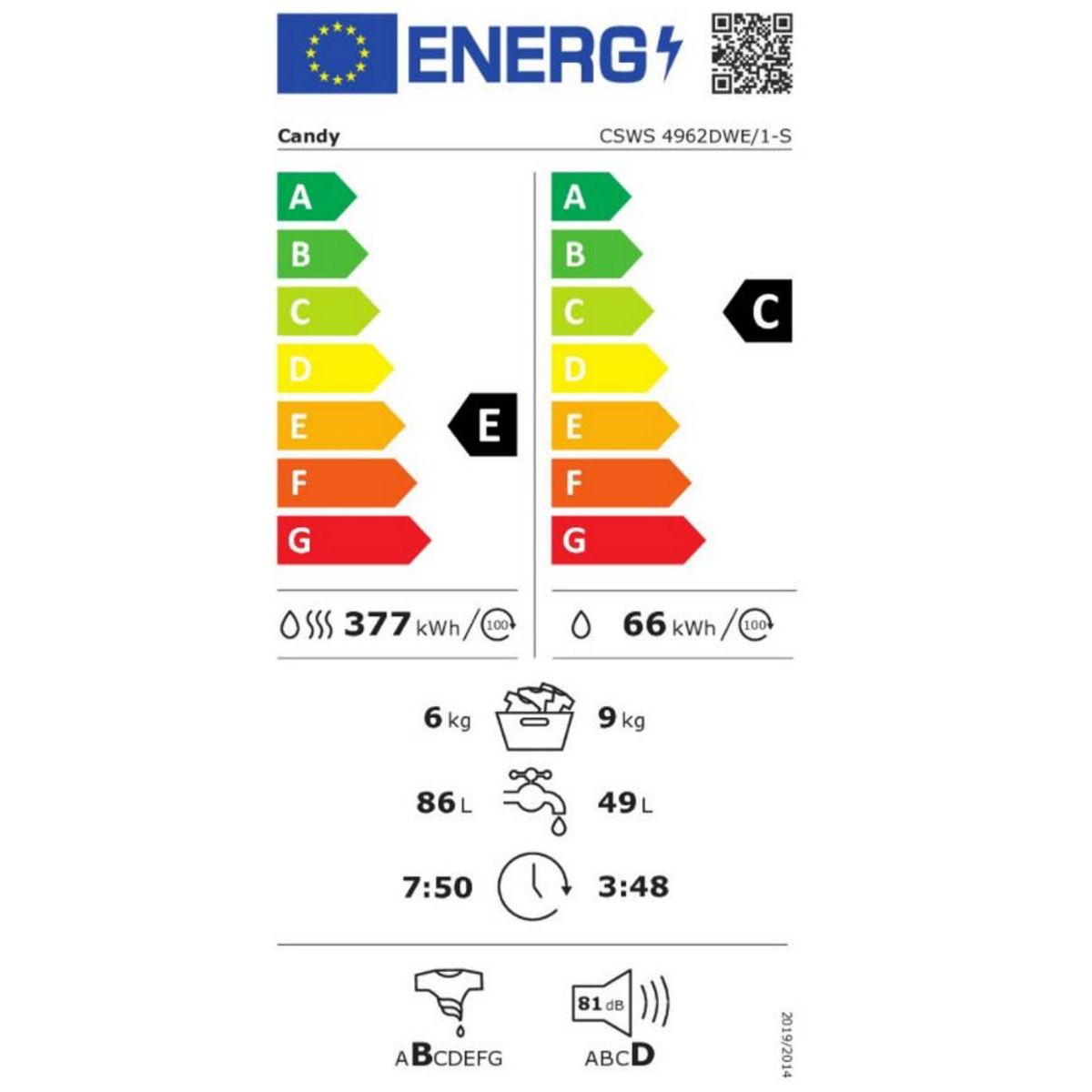 Candy Lave-linge séchant 9/6kg 1400 tours/min - csws4962dwe1s