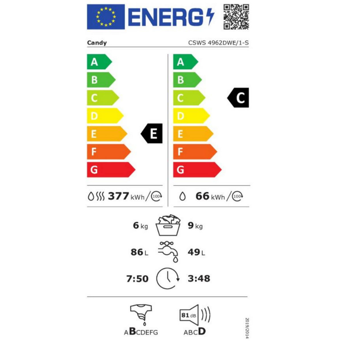 Candy Lave-linge séchant 9/6kg 1400 tours/min - csws4962dwe1s