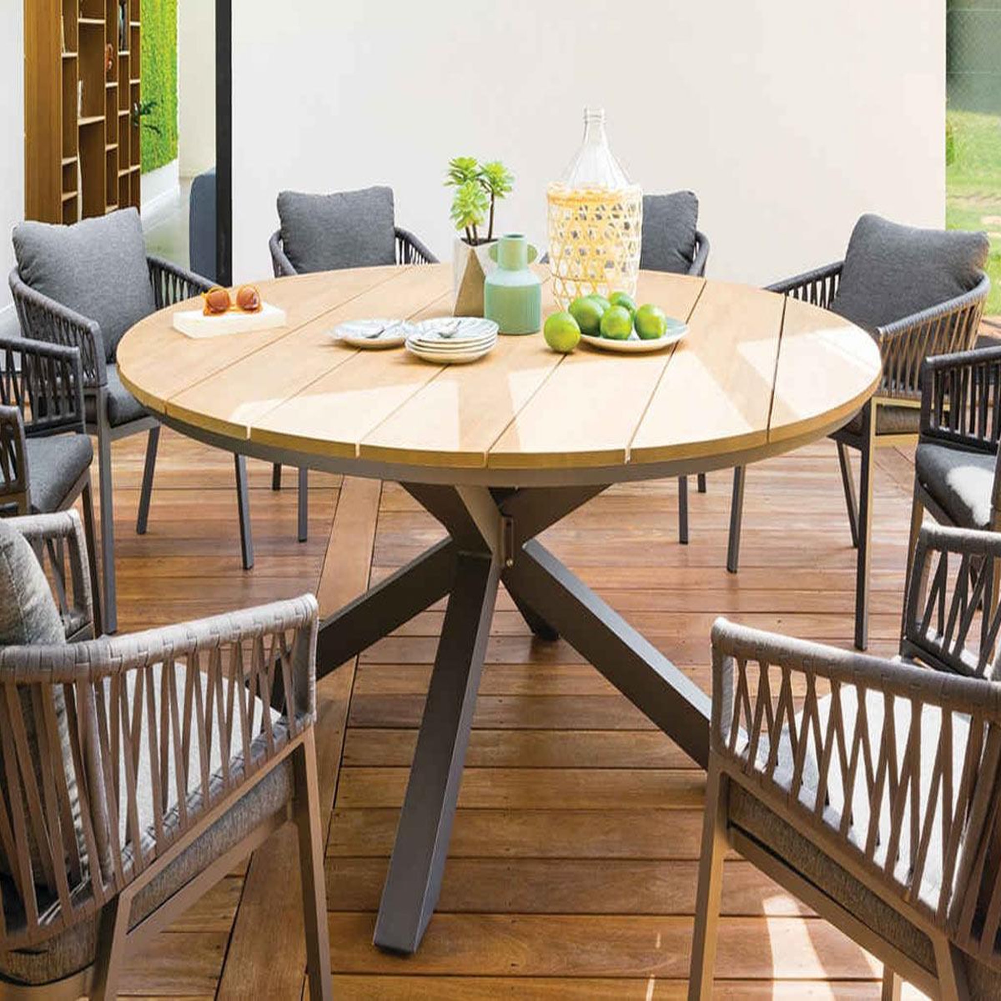 Voir la diapositive 2 : HESPERIDE Table de jardin ronde alu/acacia oriengo graphite - 8 places - hespéride