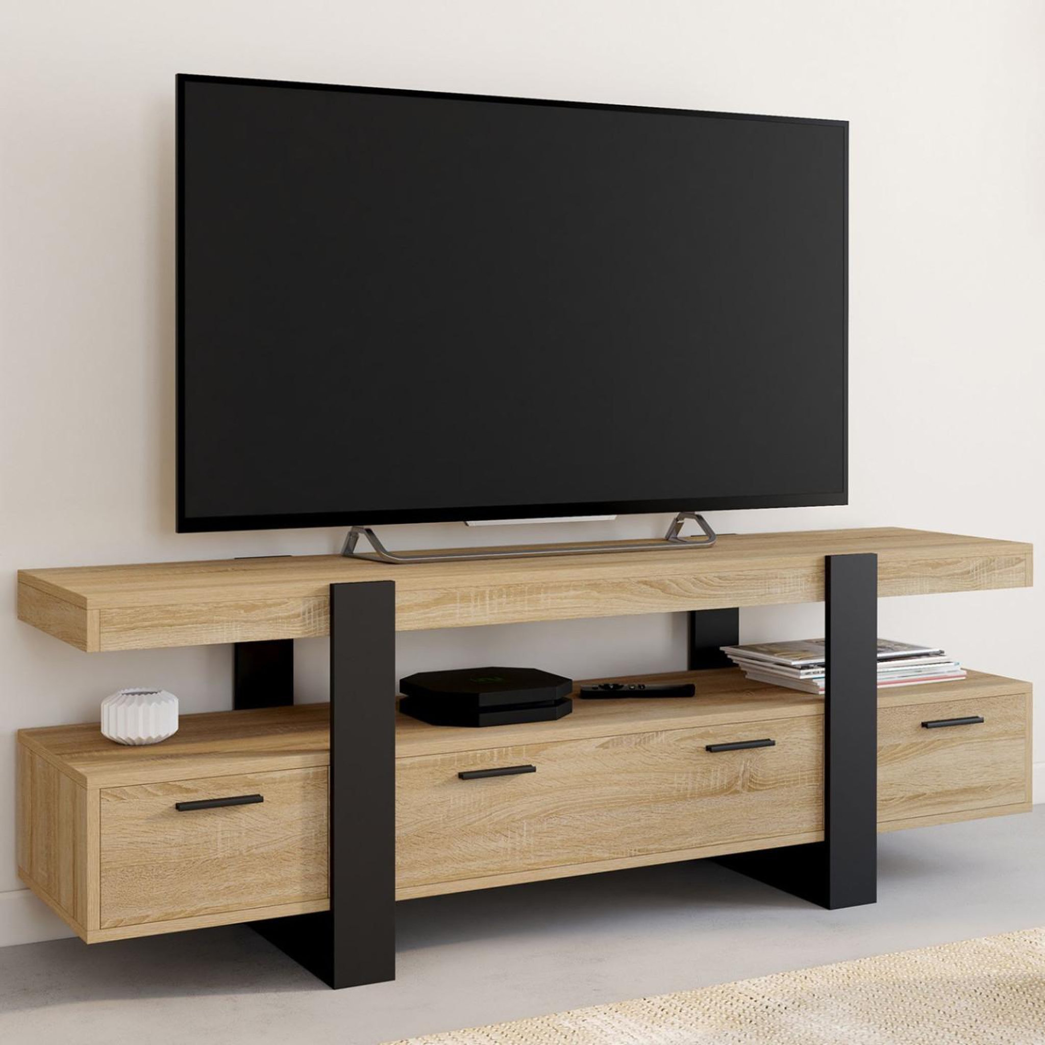 Voir la diapositive 2 : ID MARKET Meuble tv 140 cm phoenix avec tiroirs bois et noir