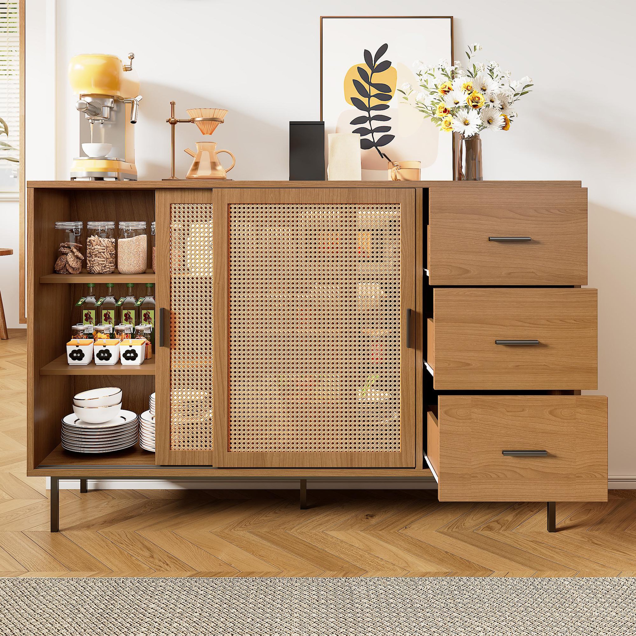 Voir la diapositive 5 : MERAX Buffet 2 porte(s) 3 tiroir(s) - 140 cm naturel panneau de particules