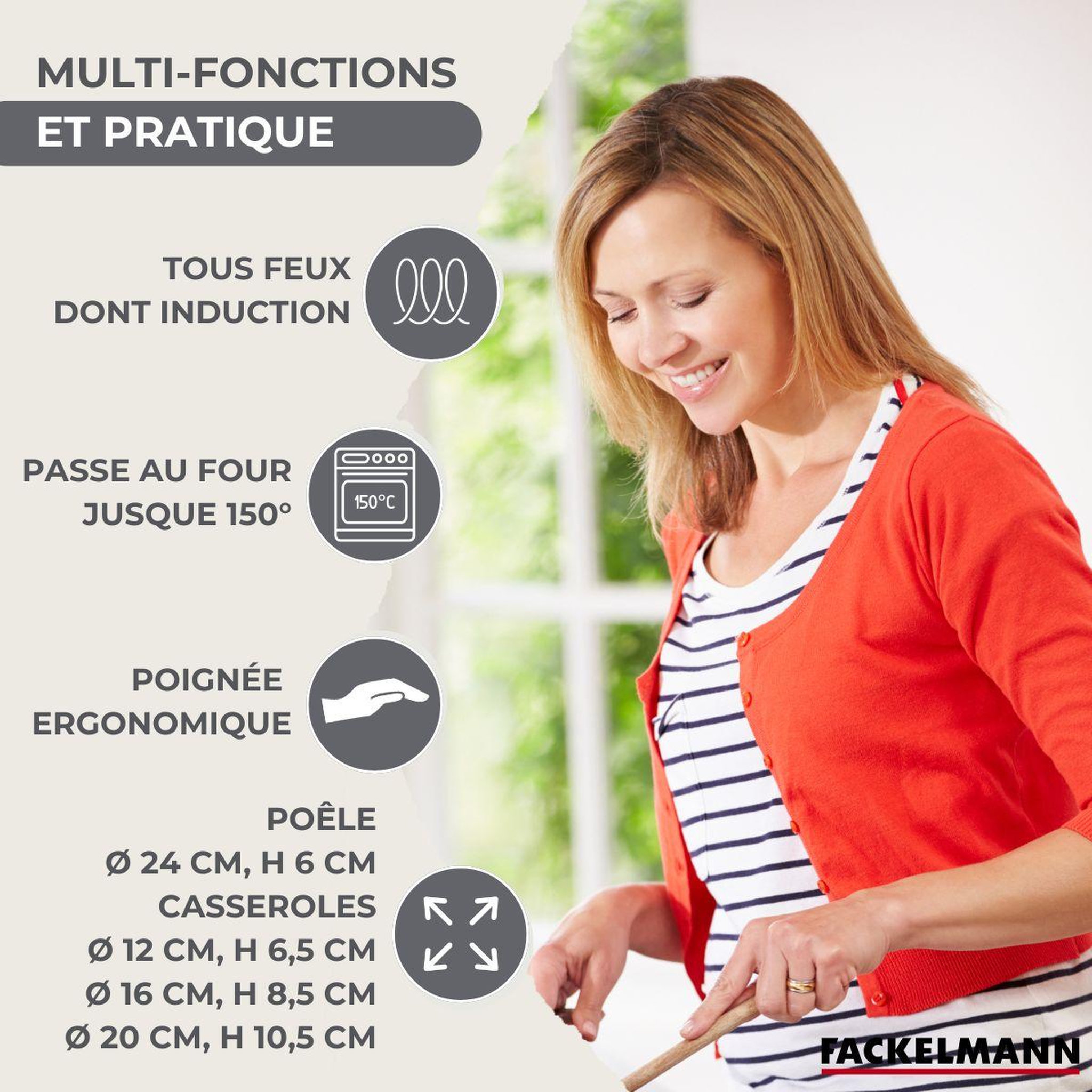 Voir la diapositive 3 : Fackelmann Batterie de cuisine avec 3 casseroles 12/16/20 cm et 1 poêle 24 cm avec 5 ustensiles de cuisine sans pfas fackelmann généva océan