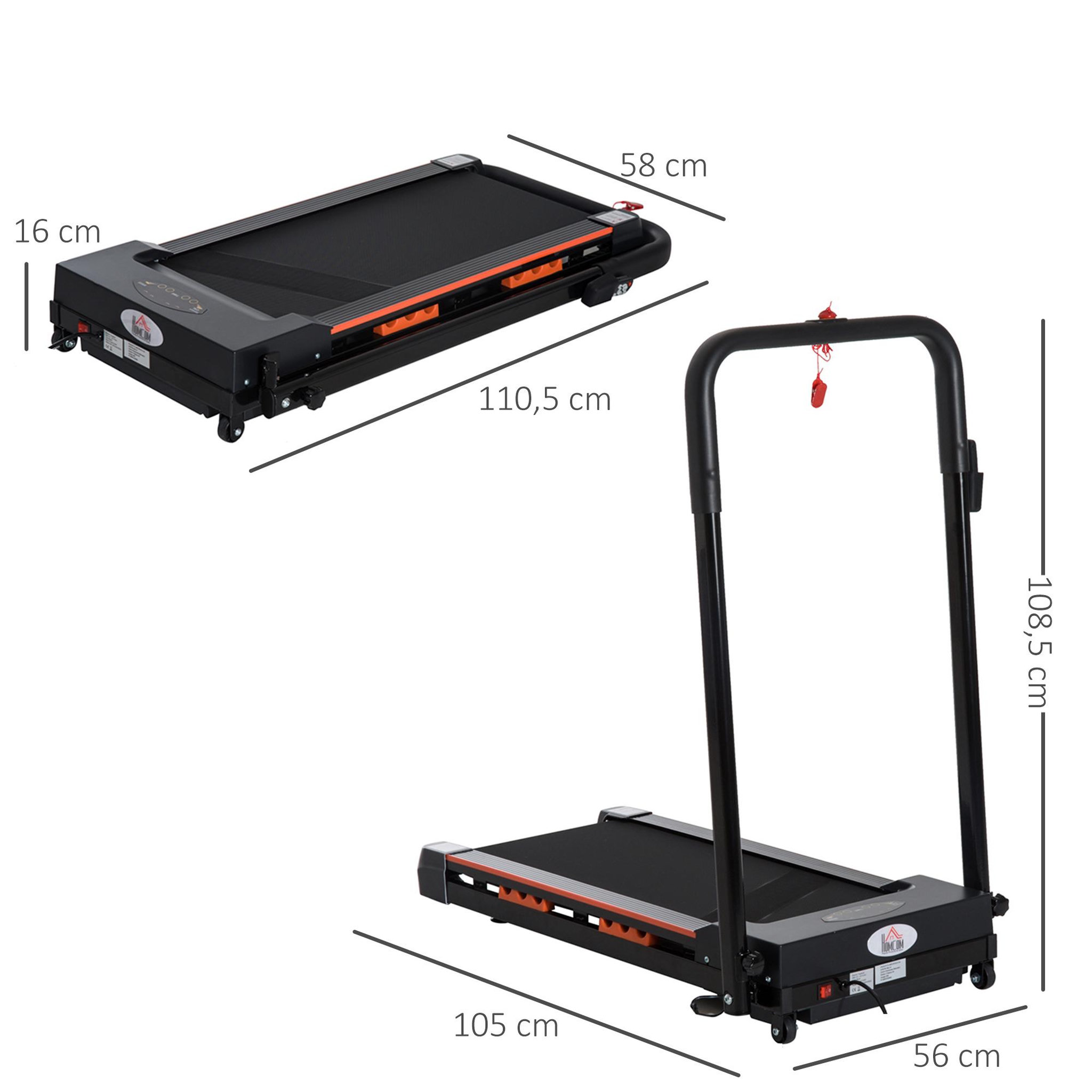 Voir la diapositive 2 : HOMCOM Tapis de course électrique de marche 370 W pliable télécommande écran LCD vitesse 1-6 Km/h acier noir