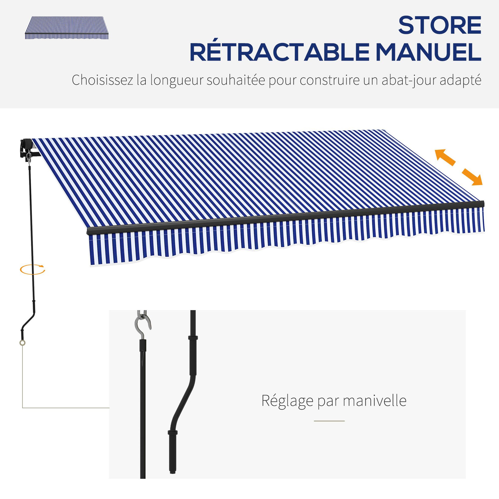 Voir la diapositive 3 : OUTSUNNY Store banne manuel rétractable inclinaison réglable manivelle alu polyester anti-UV bleu blanc