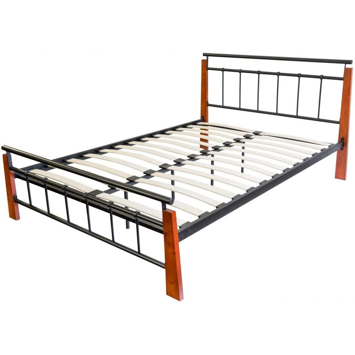 HomeStyle4U Design metal lit double 160 x 200 cadre de lit lattes bois neuf noir brun