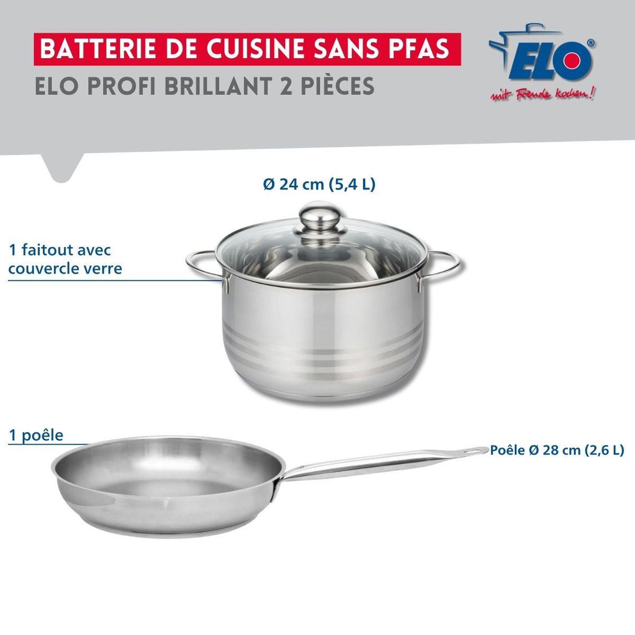 Voir la diapositive 2 : ELO Ensemble de 1 poêle de cuisson 28 cm et 1 faitout 24 cm elo profi brillant