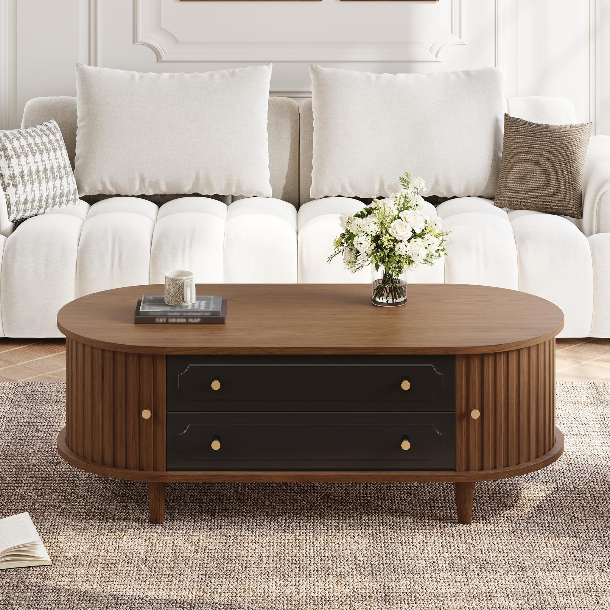 Voir la diapositive 4 : MERAX Table basse ovale noyer+noir avec 2 tiroirs - 50x100 cm panneau de particules