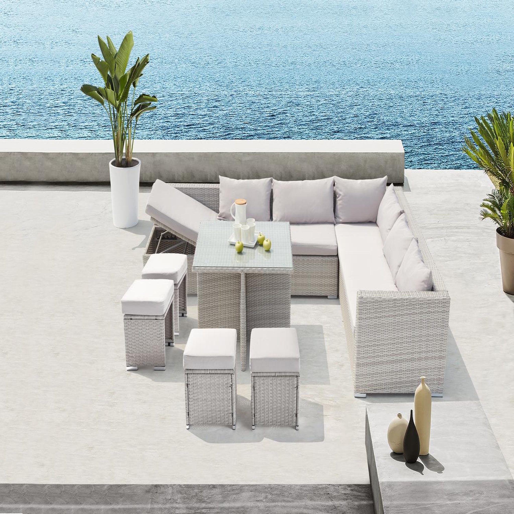 Voir la diapositive 2 : CONCEPT USINE Salon de jardin encastrable 10 places en résine tressée gris SAMOA