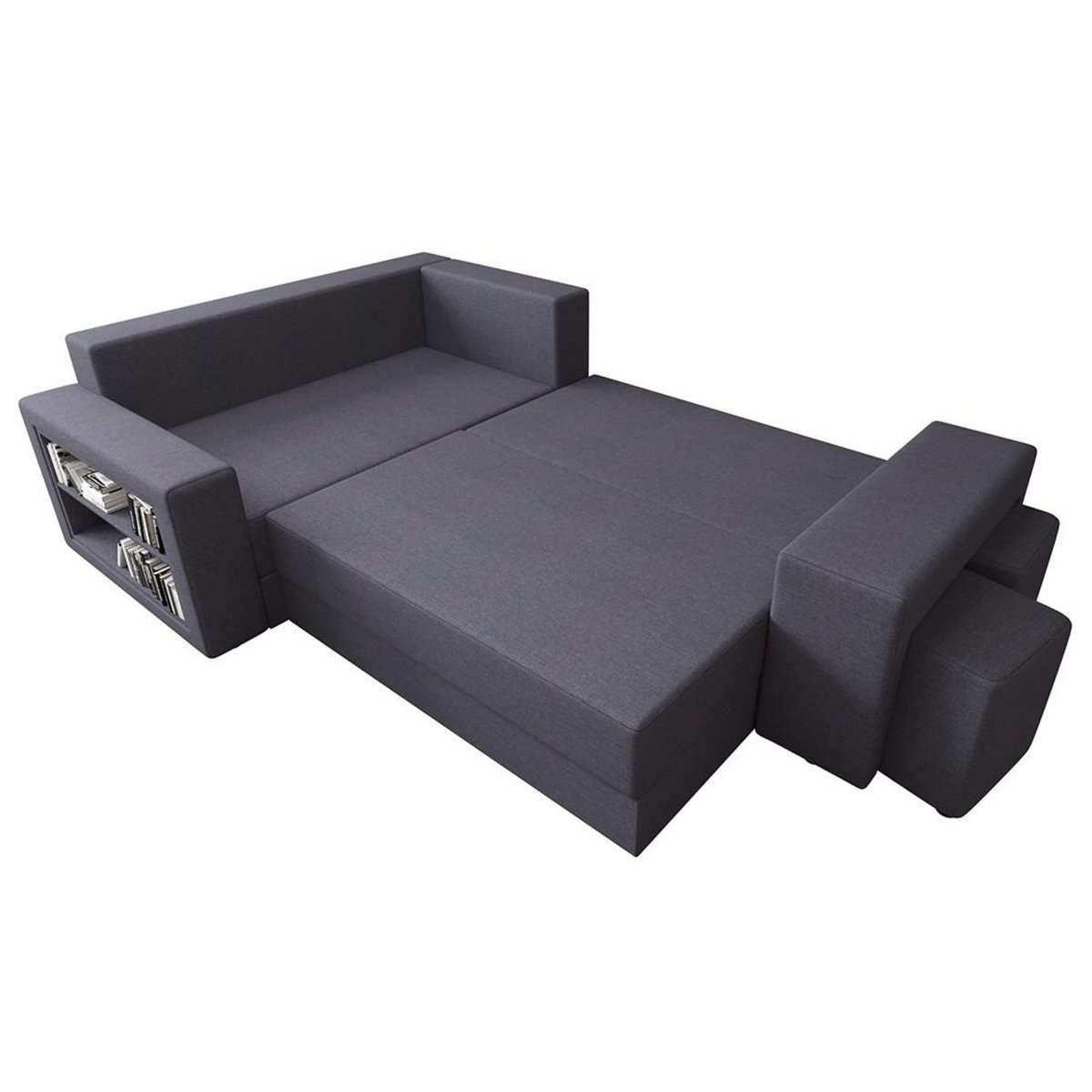 BEST MOBILIER Libbie - canapé d'angle gauche 4 places convertible avec coffre, étagère et poufs en tissu