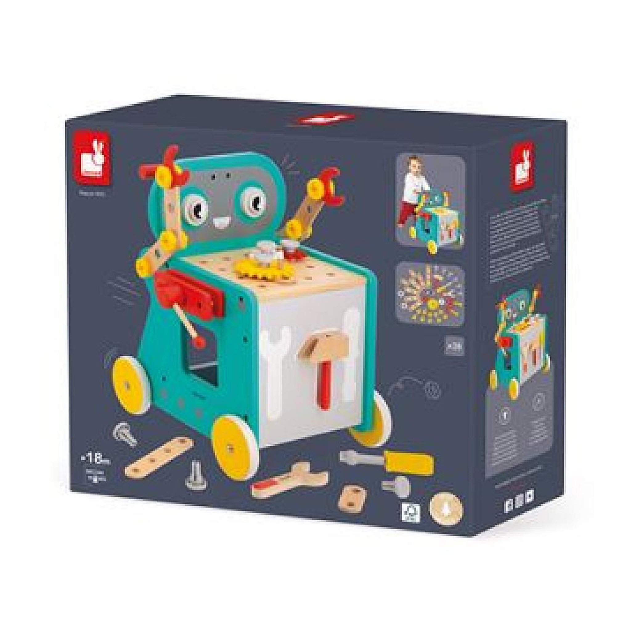 Juratoys-Janod Chariot Robot Bricoleur pour Enfants Janod - Jeu Éducatif en Bois