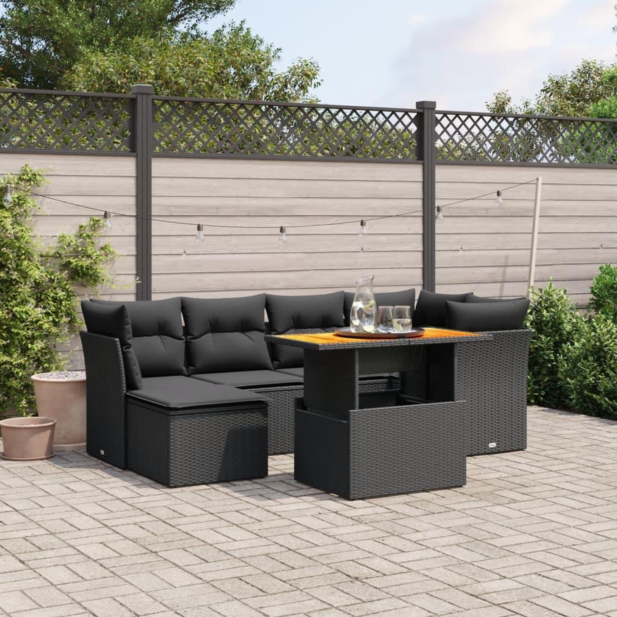 VIDAXL Salon de jardin 7 pcs avec coussins noir resine tressee