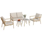 OUTSUNNY Salon de jardin 4 places 5 pcs style exotique coussins inclus grège aspect bambou
