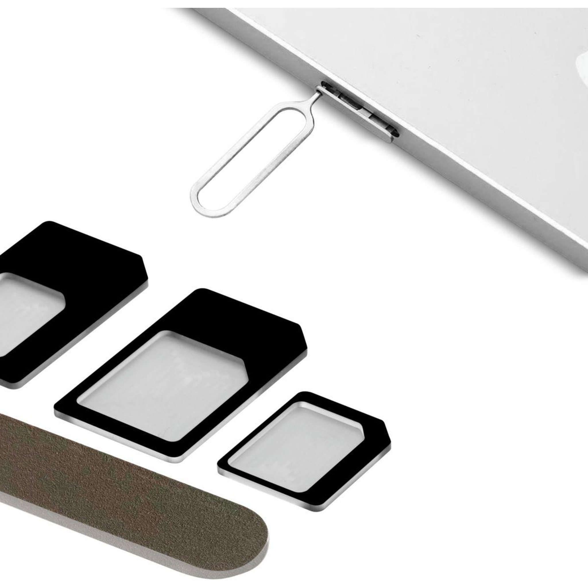 Voir la diapositive 4 : ESSENTIEL B Adaptateur carte SIM Kit adaptateur SIM + Epingle d'ejection